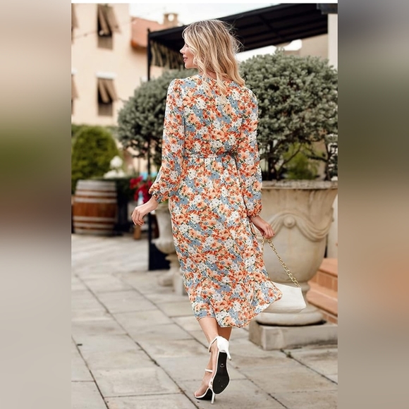 Pretty Garden Women's Floral Print Boho Dress, Long Sleeve,XL, Orange/Blue. - Picture 3 of 11